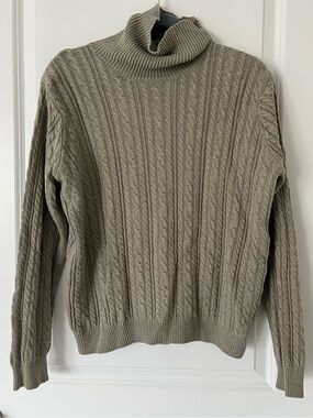 Wainscott Small Tan Beige Cable Knit Turtleneck Sweater